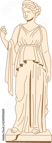 Ancient Greek or Roman goddess marble statue. Isolated on a white background, the classical antique sculpture depicts a woman in a traditional draped dress or chiton standing on a cracked stone pedest