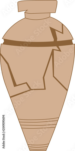 Broken ancient Greek ceramic vase or amphora with a crack. Isolated on a white background, the antique vessel features traditional geometric meander and wave ornaments, high handles, and a pedestal.