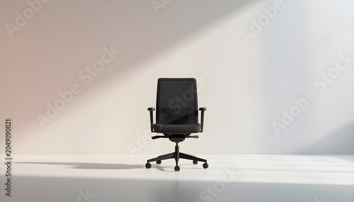 Minimalist black ergonomic office chair in a bright modern room with dramatic sunlight shadows