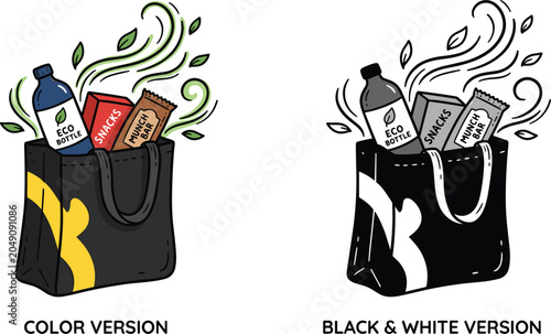 Obraz na płótnie Vector illustration of reusable eco shopping bag with bottle, snacks, munch bar,