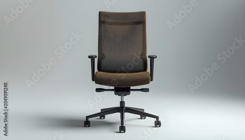 Modern brown ergonomic office chair with mesh back and armrests on a gray studio background