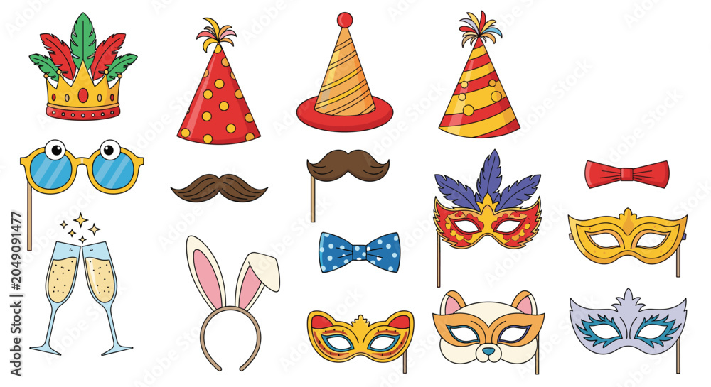 Naklejka premium Set of colorful party props including festive hats, carnival masks, mustaches, bow ties, and champagne glasses for celebrations.