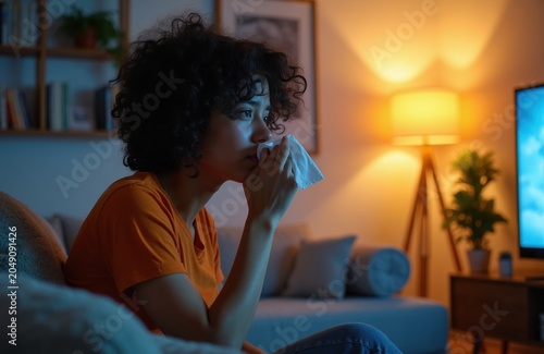 Woman cries while watching TV. She wipes her nose with a tissue. Emotionally affected by show, she sits alone in dim living room. Reflects sadness, empathy or grief.