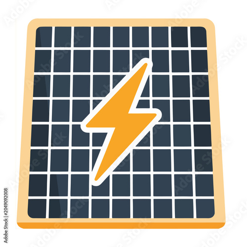 Vector graphic illustration of a solar panel with a lightning bolt symbol representing renewable energy and power generation