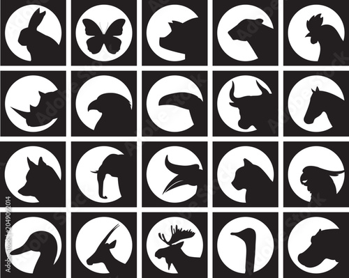 Photography Animal Silhouettes Icons Set with Wild and Domestic Animals Birds and Insects Ne