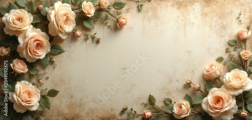 Soft peachy roses bloom on textured backdrop. Delicate floral arrangement with vintage feel. Elegant botanical border for cards invitations or backgrounds. Romantic natural decor.