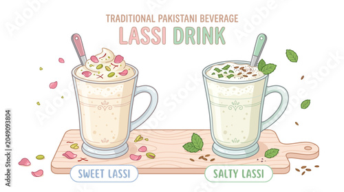 Traditional pakistani indian lassi drink glasses sweet and salty yogurt beverage vector illustration