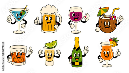 Obraz na płótnie Cartoon alcoholic and tropical drinks set in vector style