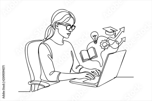 Tableau sur toile Continuous line drawing of a woman working on a laptop with education and knowle