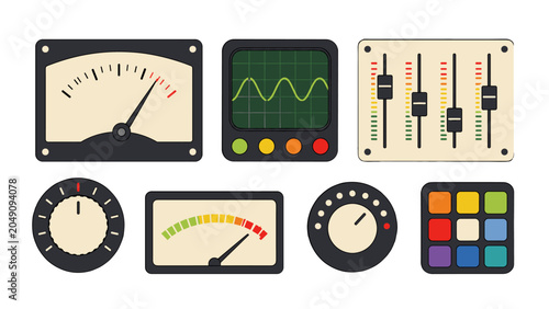 Cuadro en lienzo Vector set of retro audio control panels and meter interfaces