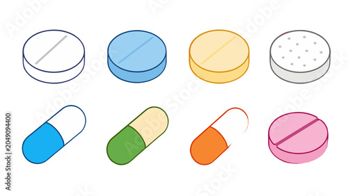 Quadro su tela Colorful medicine tablets and capsules icon set