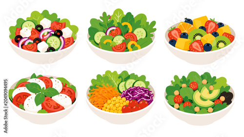 Εκτύπωση καμβά Set of colorful salad bowls and fruit bowl in flat vector style