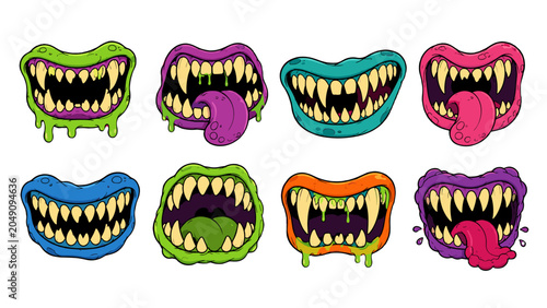 Bild auf Leinwand Set of colorful cartoon monster mouths with sharp teeth