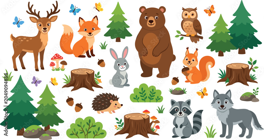 Obraz premium Cute Cartoon Woodland Forest Animals Vector Character Set with Bear, Fox, Deer, Wolf, Squirrel, Owl, and Pine Trees for Children Wildlife Designs