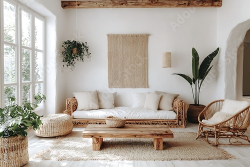 Sun drenched minimalist interior with cozy sofa and rug image