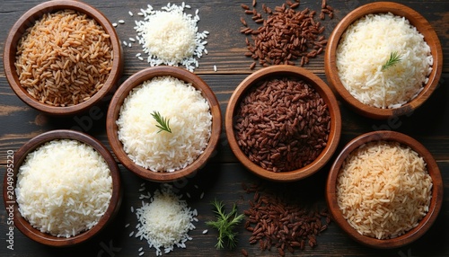 Bowls of assorted rice varieties brown basmati jasmine and wild rice laid out on dark wood. Various uncooked and cooked rice types displayed for food styling photography.