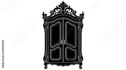Crown Arch Wardrobe Silhouette, Elegant antique black wooden armoire intricate ornate carvings and a classic vintage silhouette design, Editable Vector Strokes Illustrations Silhouettes. furniture.