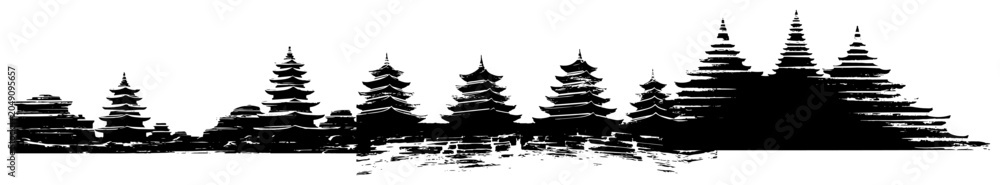 Fototapeta premium Pagoda temple silhouettes and traditional Asian architecture in minimalist landscape style
