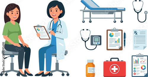 Foto Medical Consultation Vector Illustration Set with Doctor, Patient, Examination B