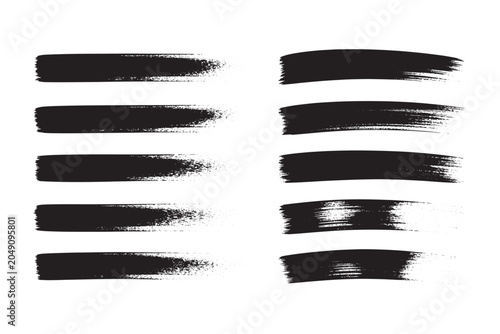 Ten black brush stroke with varying textures and opacity displayed in two columns on a white background for artistic purposes