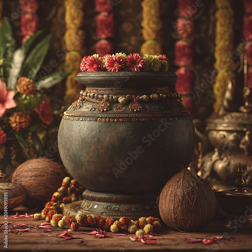 Traditional festival scene with kalash floral garlands and offerings image