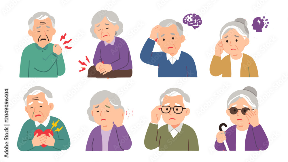 Fototapeta premium Senior people with pain, memory and vision problem icons