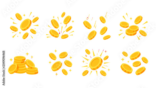 Fotografie Set of golden coin burst and stack vector icons
