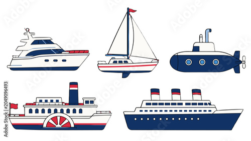 Tableau sur toile Set of different boats and ships in simple vector style