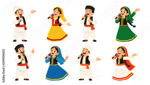 Bild auf Leinwand Cartoon folk singers in traditional costumes with microphones