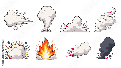 Foto Cartoon smoke clouds and explosion effect set