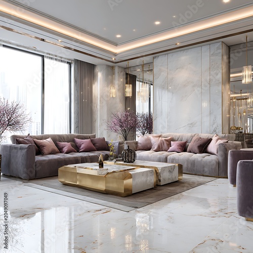 A contemporary lounge interior with marble flooring and stylish seating picture