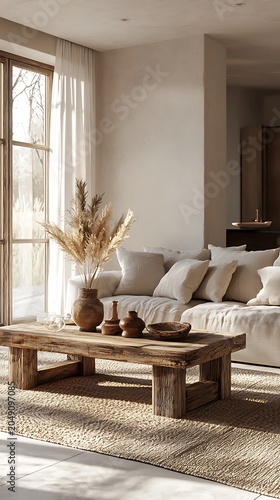 A contemporary minimalist lounge with plush sofa and wood table image