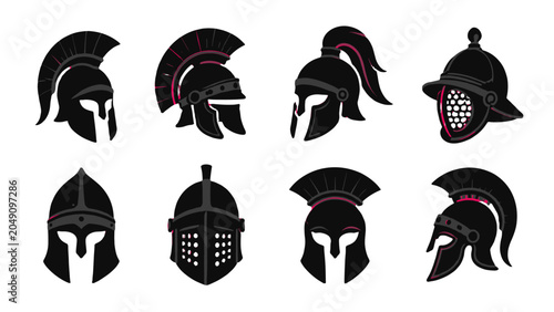 Fotografía Set of ancient warrior helmet silhouettes in black vector style