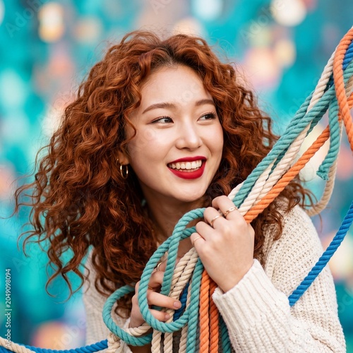 Cheerful Asian woman with curly red hair and bright red lips holds thick colorful woven ropes. The teal background conveys a vibrant, highly joyful, and purely playful energy.