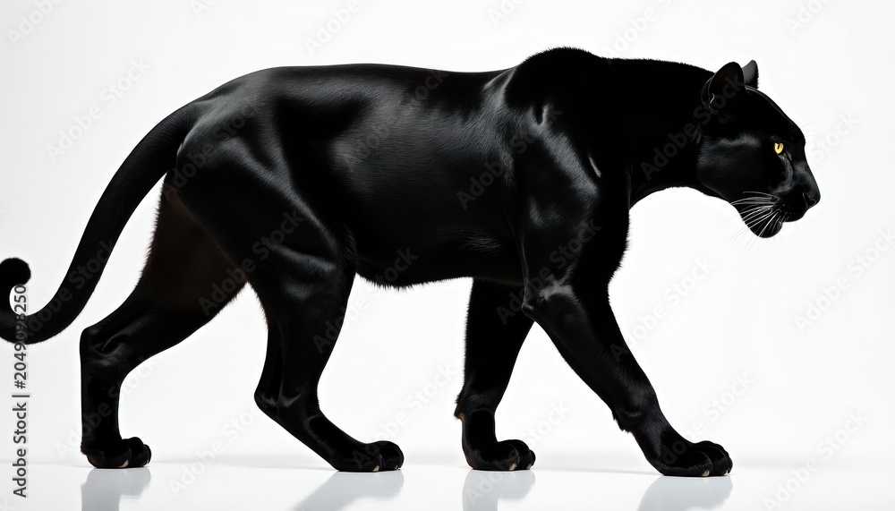 Fototapeta premium Black panther prowls forward on plain background. Muscular mammal walks with yellow eyes and white whiskers. Powerful predator shows sleek black fur coat and graceful body movement.