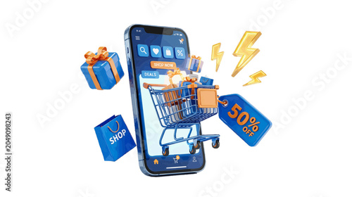 Vector illustration of 3d smartphone with shopping cart, gift boxes, and 50 percent off sale tag on a transparent background