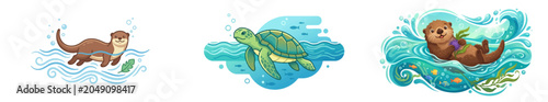 Cartoon otter, sea turtle, and otter swimming in ocean with bubbles