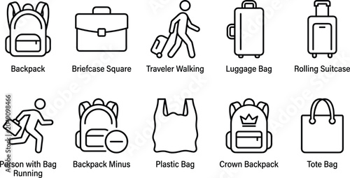 Tableau sur toile Detailed guide of travel bag and luggage line icons with descriptive names for organized baggage inventory