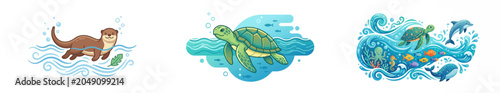 Photography Cartoon marine animals swimming in ocean waves: otter, turtle, dolphin, whale