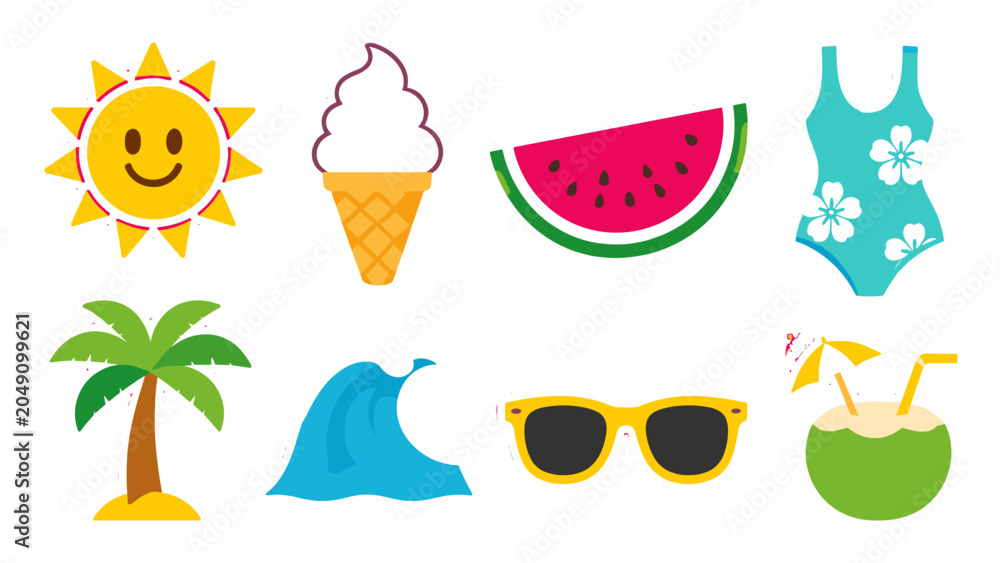 Obraz premium Summer vacation sticker set with sun, wave, fruit and beach icons