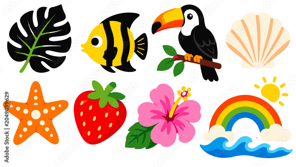 Obraz premium Tropical summer icon set with toucan fish shell and rainbow