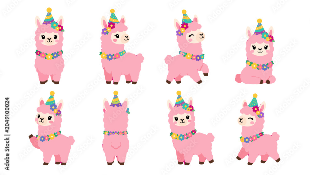 Naklejka premium Set of pink llama characters with party hats and flower garlands