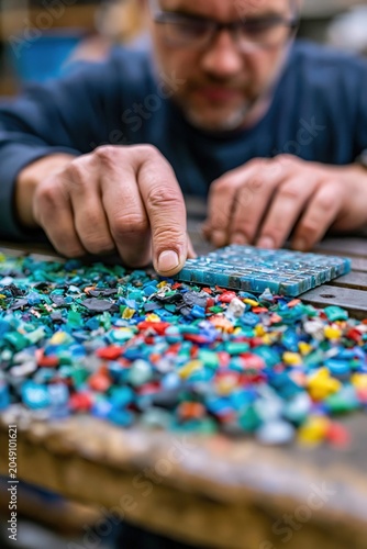 Hands Inspecting Recycled Plastic Tile Beside Colorful Plastic Flakes on Workbench