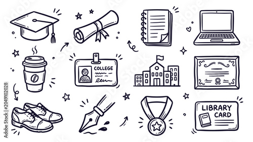 Quadro su tela Cute Graduation Doodle Icon Set with Mortarboard Cap Diploma Laptop Medal Coffee