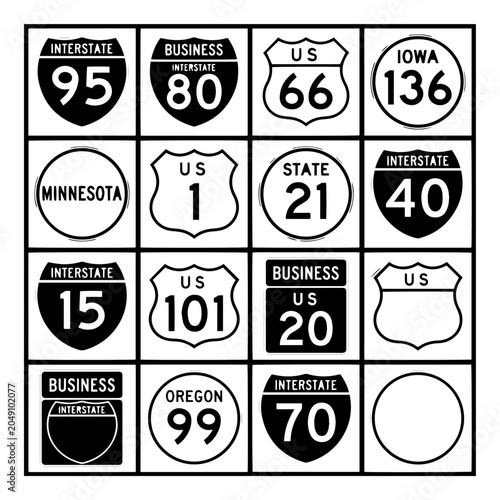 Foto Collection of us highway and interstate traffic sign symbols with interstate nav