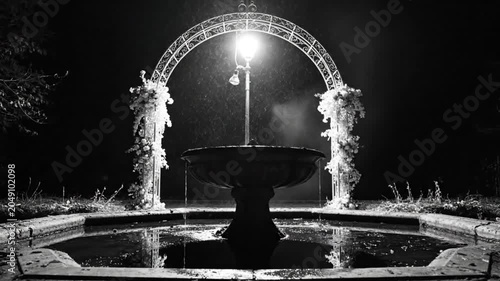Black and white video of a decorative fountain and archway glowing at night while raining softly