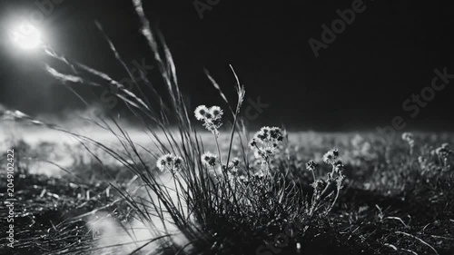 Black and white shot of field flowers at night with soft light creating a tranquil, serene atmosphere