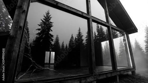 Spooky black and white cabin in the woods with broken window and foggy surroundings, horror scene concept