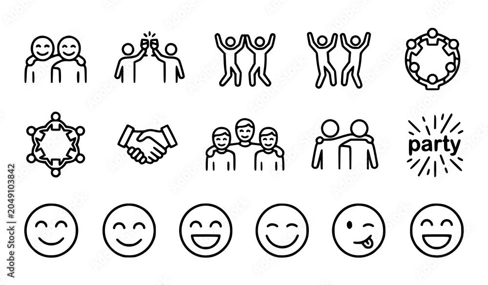 Fototapeta premium Minimal Happy Friends and Party People Line Icons for Community and Celebration Themes