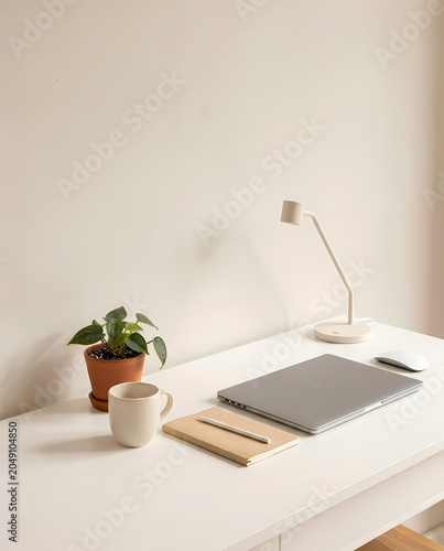 A white desk with laptop plant mug notebook and lamp on it in a room transparent background